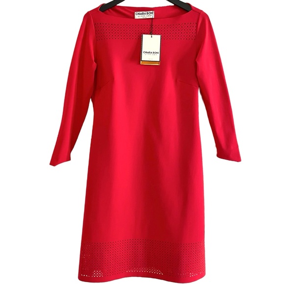 Chiara Boni La Petite Robe Red Dress, Laser Cut Boatneck, Long Sleeves, Size 6 - Picture 1 of 9